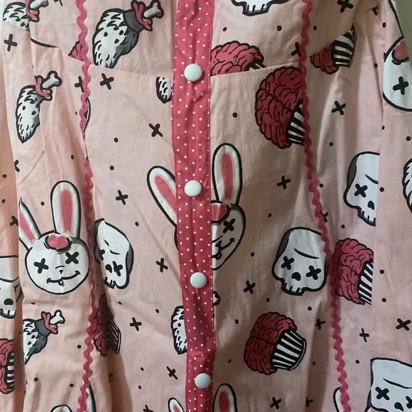 Sourpuss Pink Tie Halter Dress with Bunny and Skull Motif - Picture 2 of 4